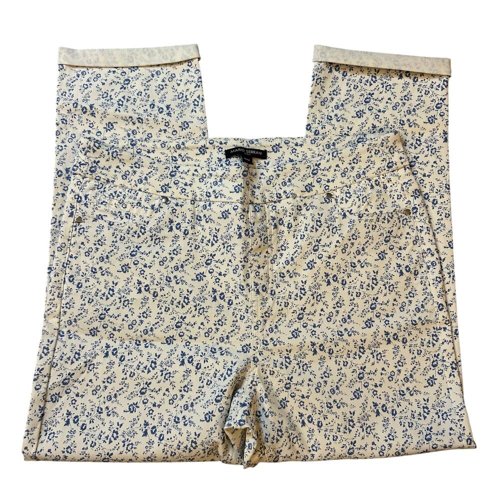Mario Serrani White/Blue Floral Print Straight/Stretch Pants- M - Picture 1 of 8